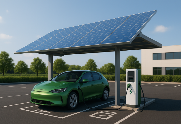 Bãi đỗ xe với mái che bằng tấm pin mặt trời