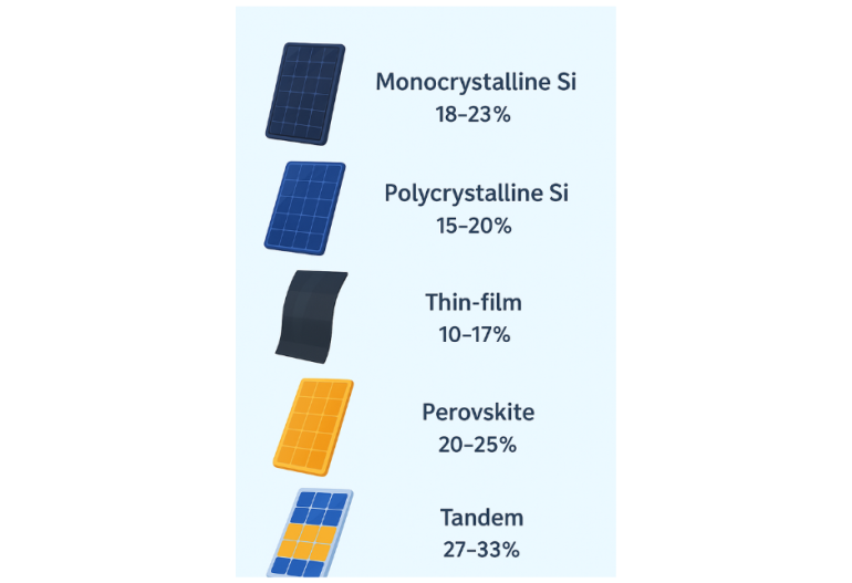 hiệu suất của các loại pin mặt trời hiện nay