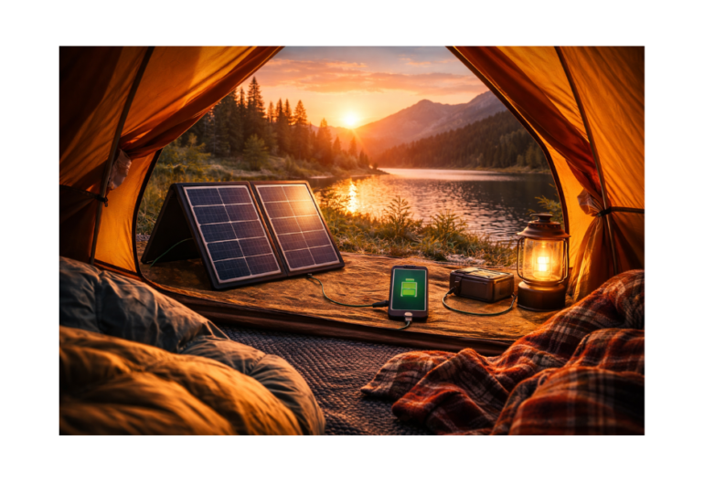 Cảnh hoàng hôn, pin mặt trời đang sạc điện thoại trong lều cắm trại