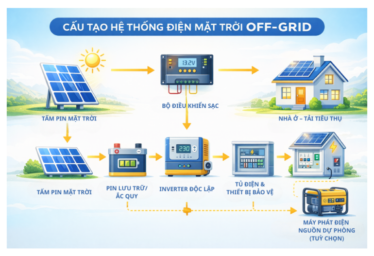 Cấu tạo của hệ thống điện mặt trời Off-grid