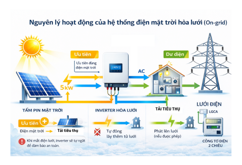 nguyên lý hoạt động của hệ thống điện mặt trời hòa lưới (On-grid)